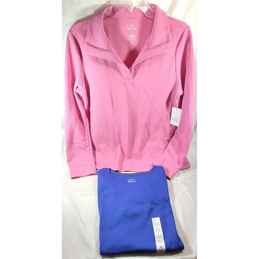 2 Croft & Barrow Tops: Pink Ribbed Long Sleeve & Blue Short Sleeve Tee - Small
